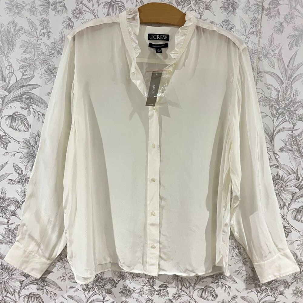 J.Crew Jules Shirt Women Sz 14 Ivory Ruffle-Collar Sheer Crepe De Chine Blouse